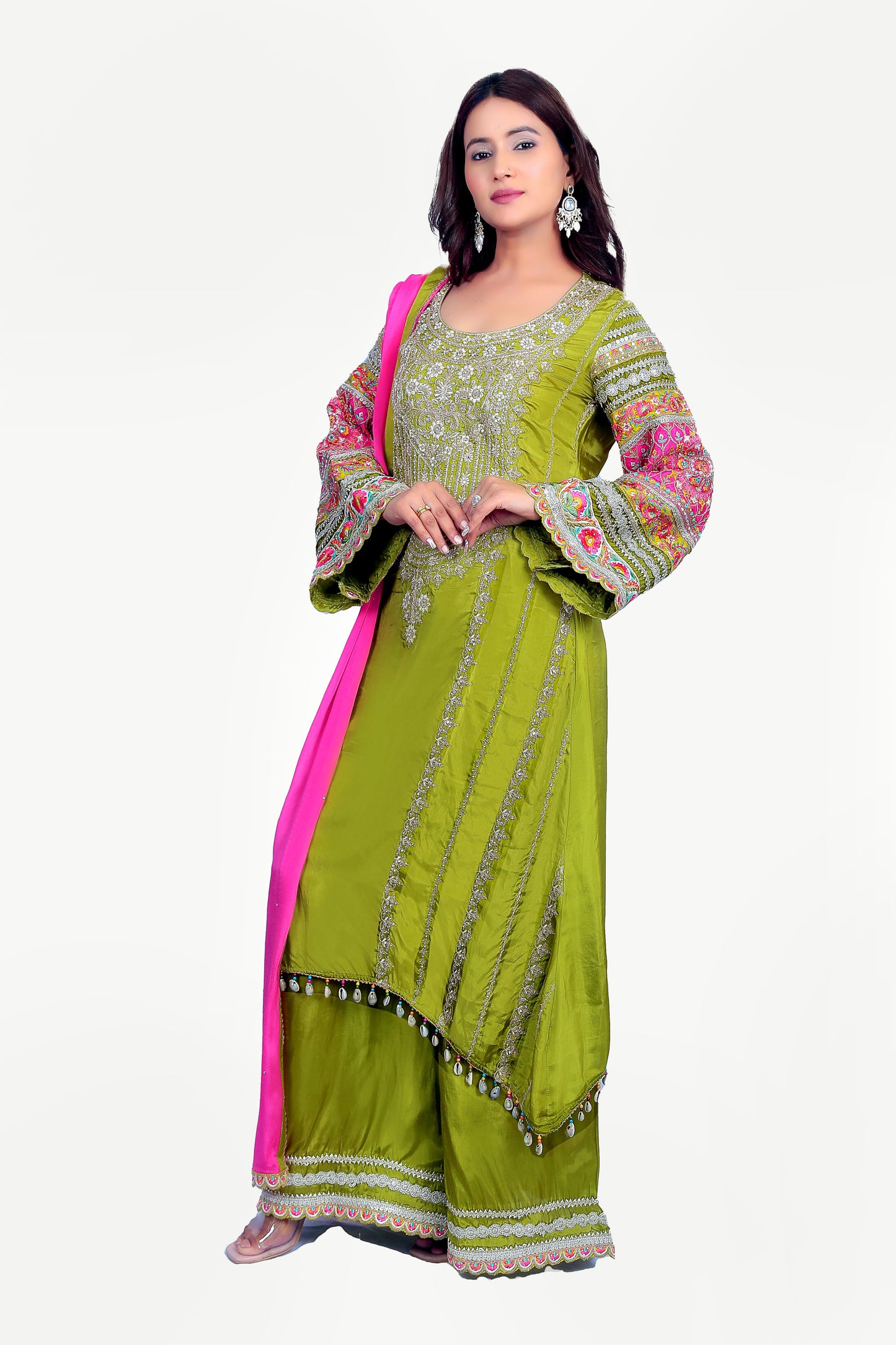 Premium Silk Green Bell Sleeve Kurta Set With Bright Pink Dupatta