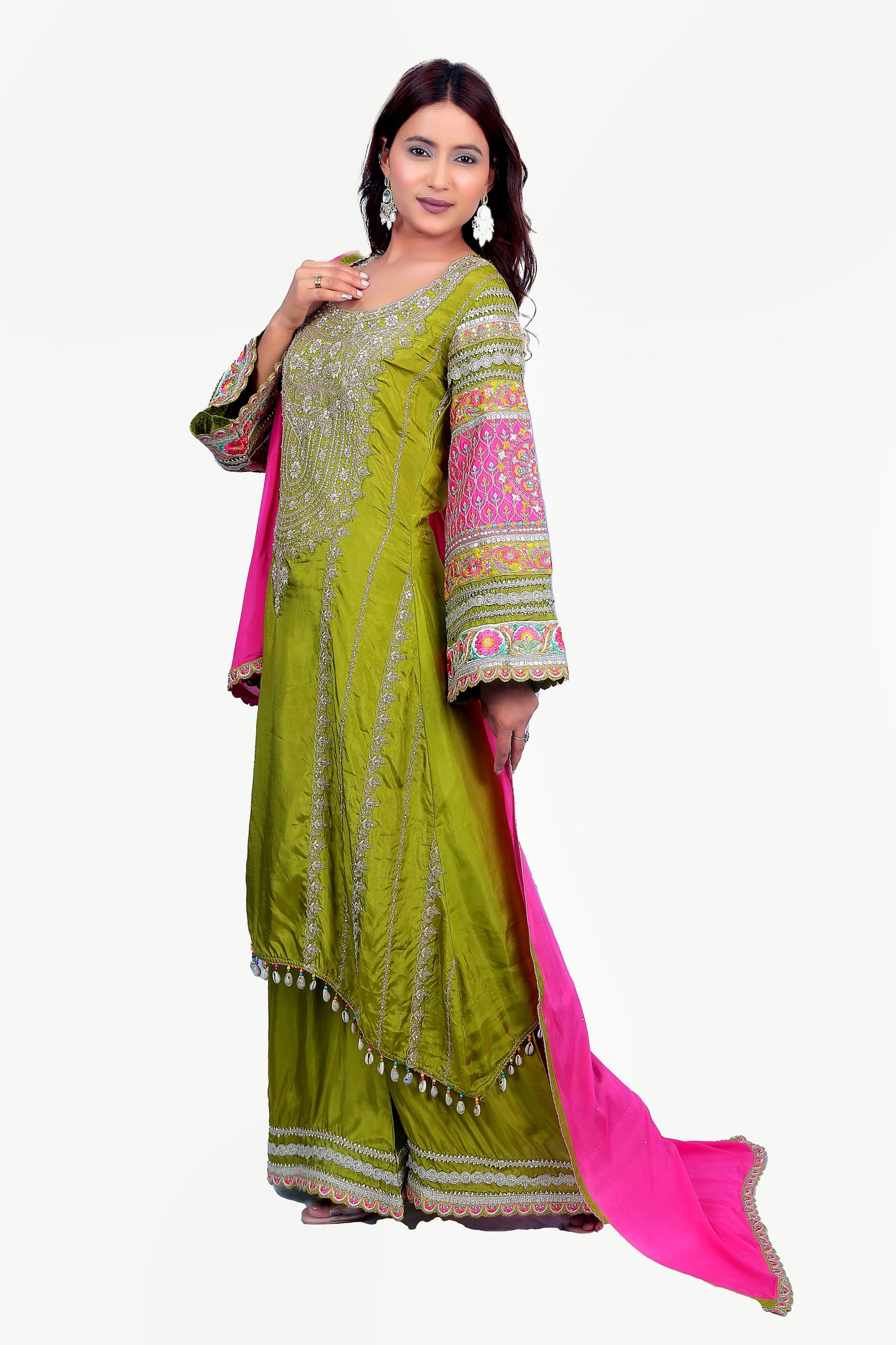 Premium Silk Green Bell Sleeve Kurta Set With Bright Pink Dupatta