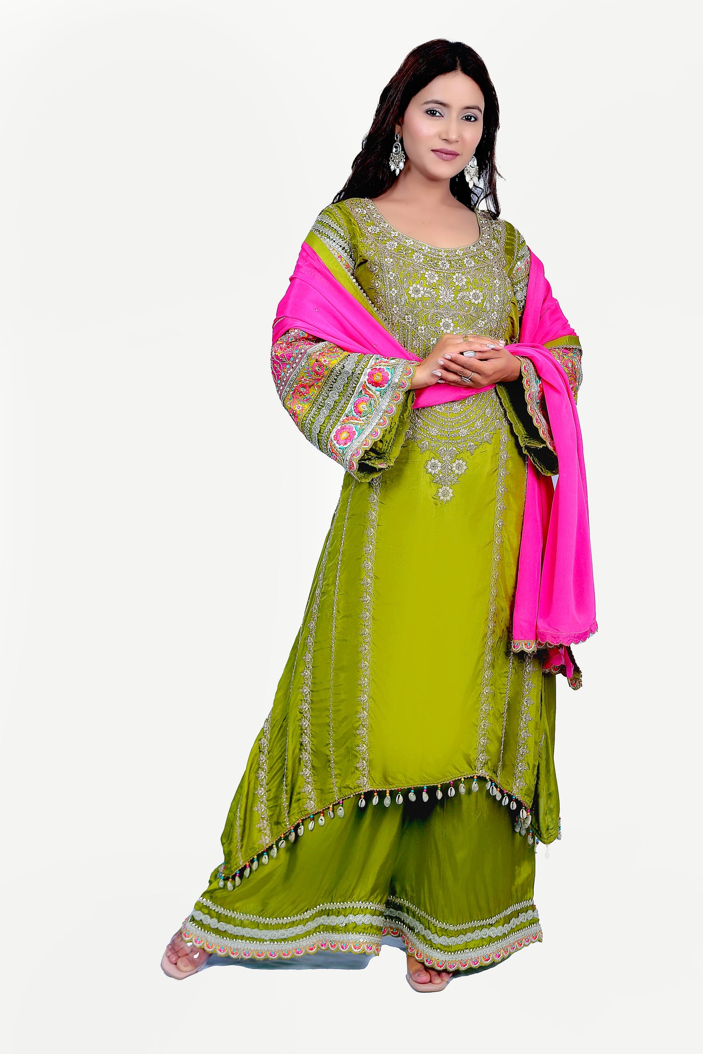 Premium Silk Green Bell Sleeve Kurta Set With Bright Pink Dupatta