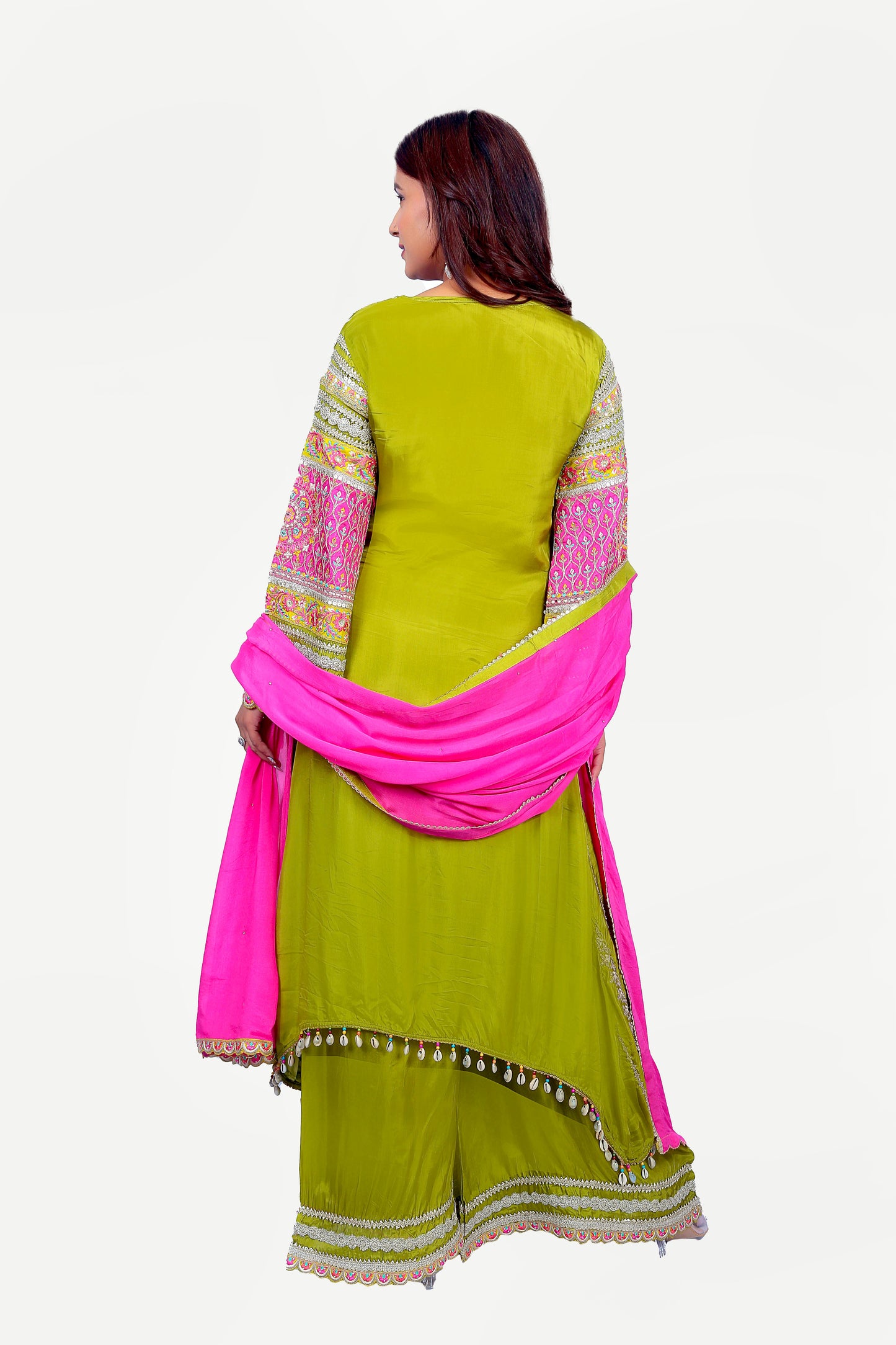 Premium Silk Green Bell Sleeve Kurta Set With Bright Pink Dupatta