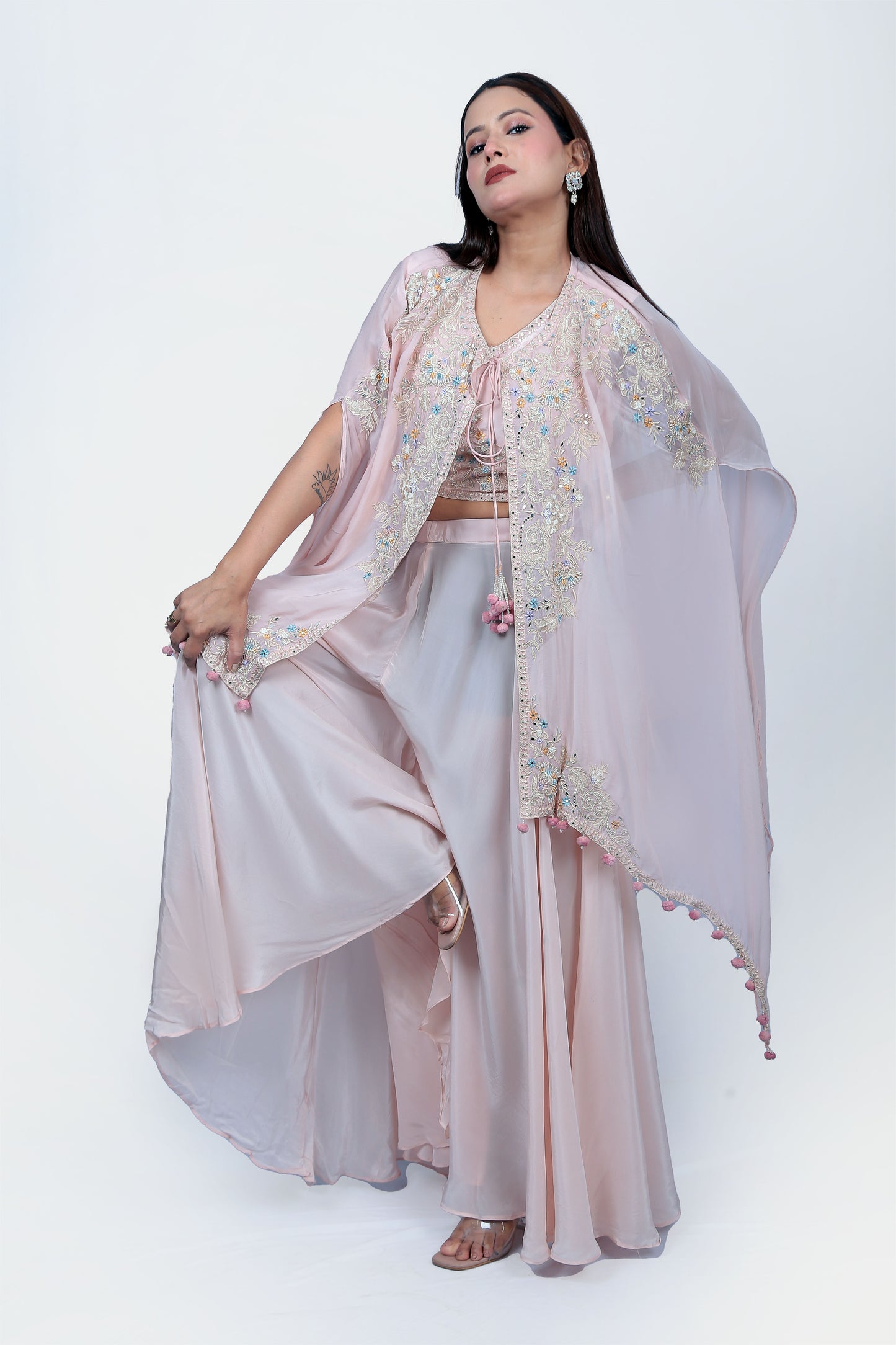 Radient Peach Thread And Stone Work Top With Sharara Set