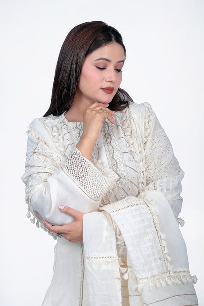 This Egg white suit set is designed with classy embroidery .