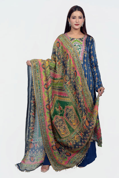 this kurta set is unique with mirror work done it on an organza satin fabric for a comfortable experience
