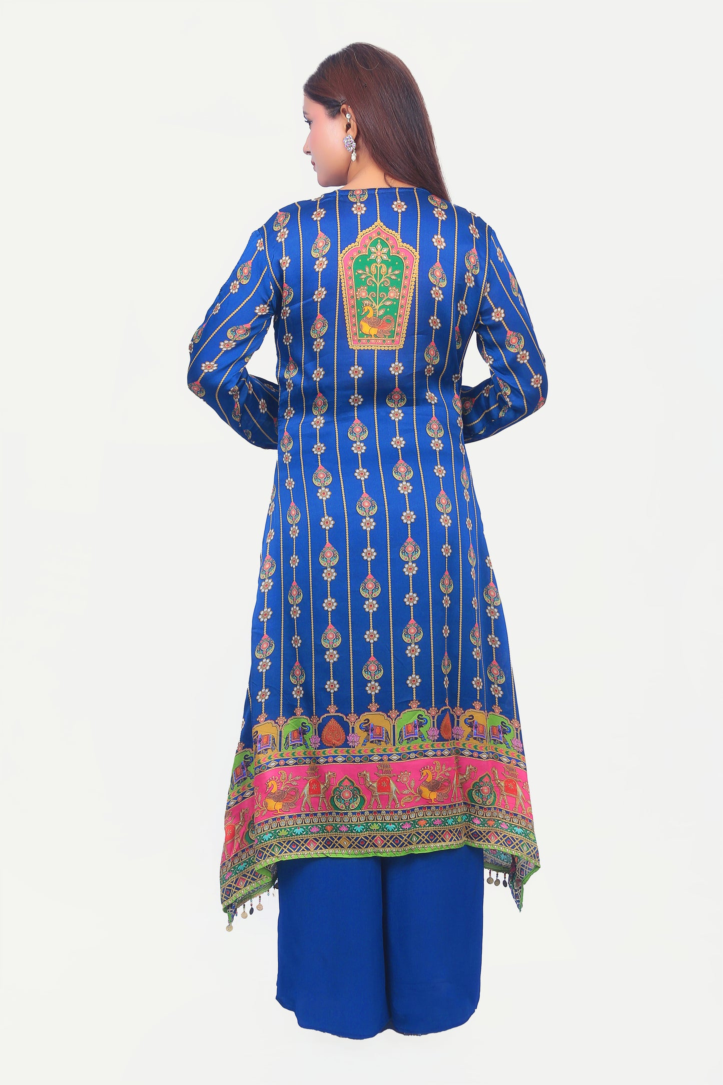 Indian traditional purple printed kurta set with embellishments.