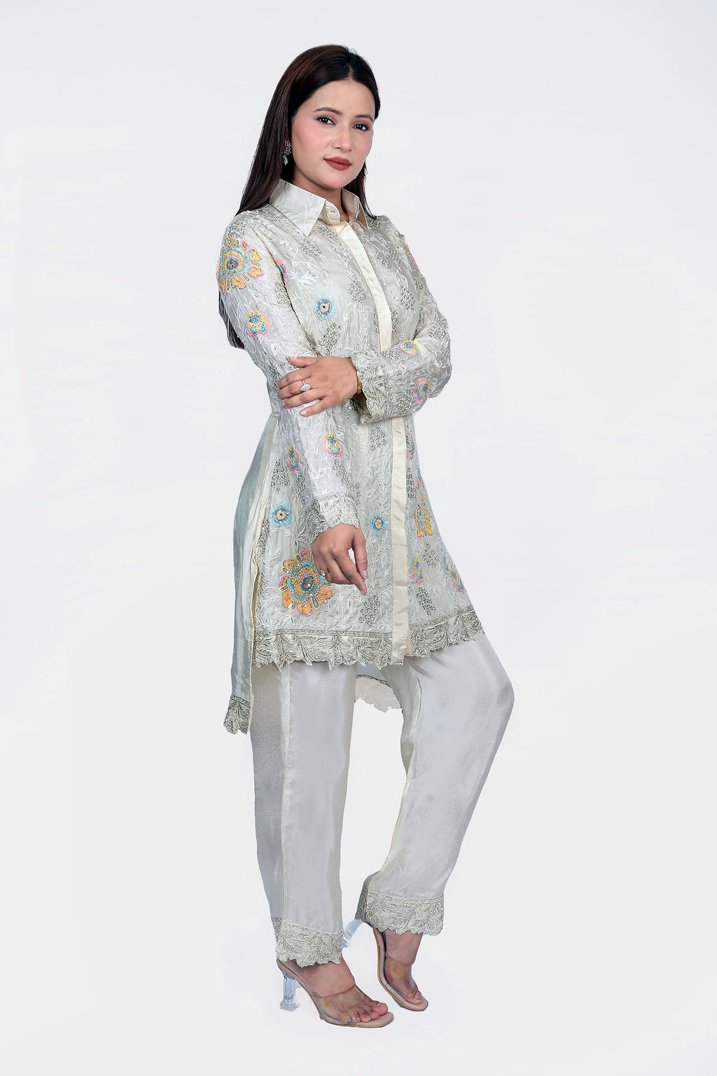 Handwoven fabric with shirt style top and bottom pants.