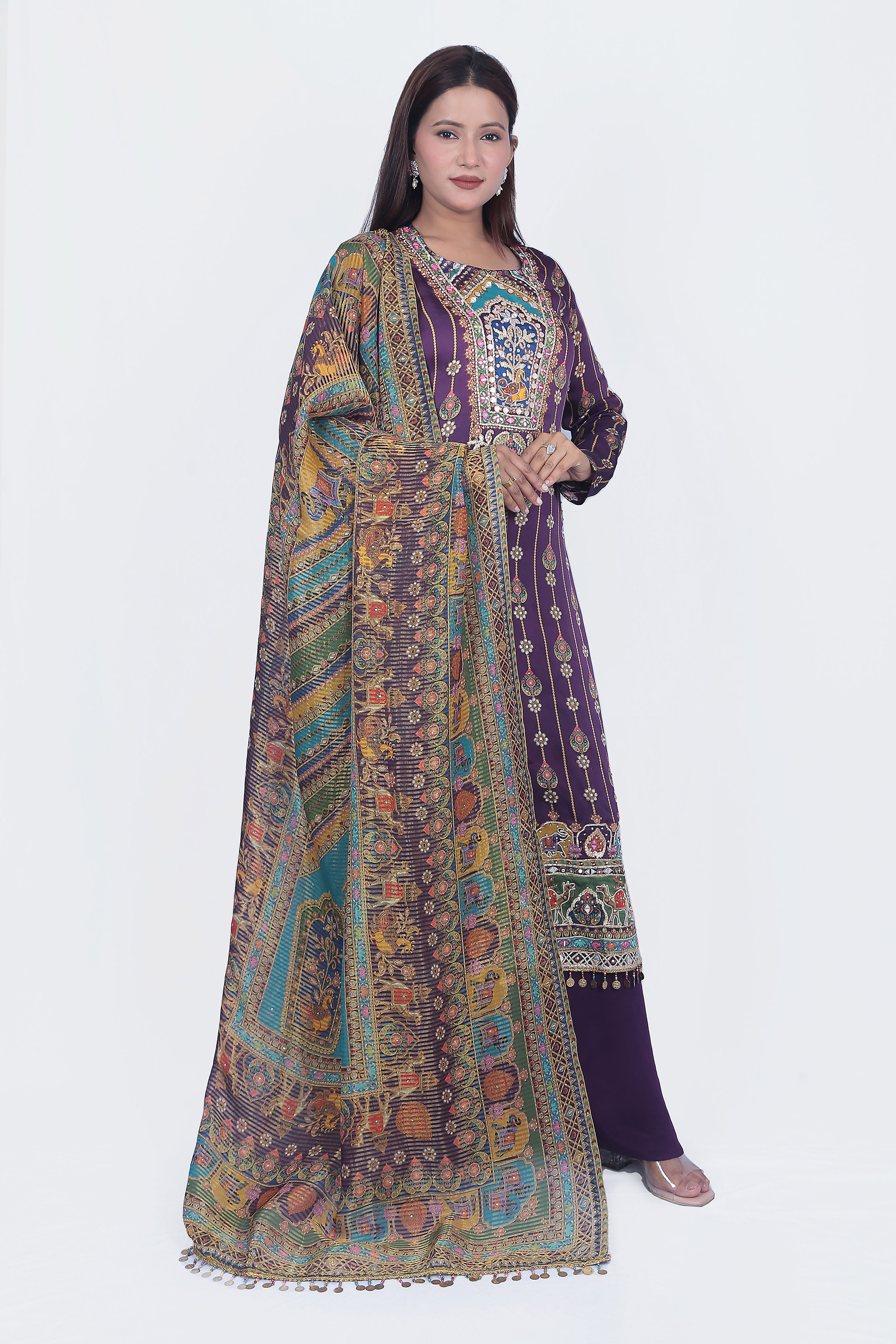 this kurta set is unique with mirror work done it on an organza satin fabric for a comfortable experience