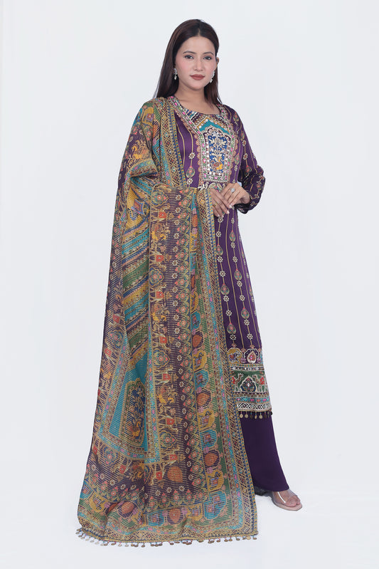 this kurta set is unique with mirror work done it on an organza satin fabric for a comfortable experience