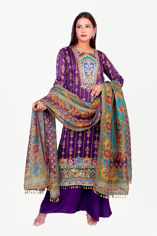 Indian traditional printed kurta set with embellishments.