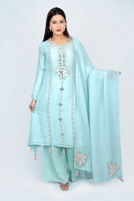 heavy pearl embroidered palazzo kurta set with dupatta