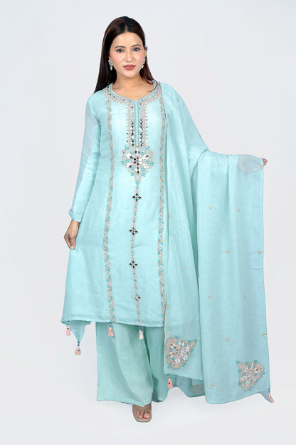 This light blue palazzo kurta set is designed to provide a stunning look.  