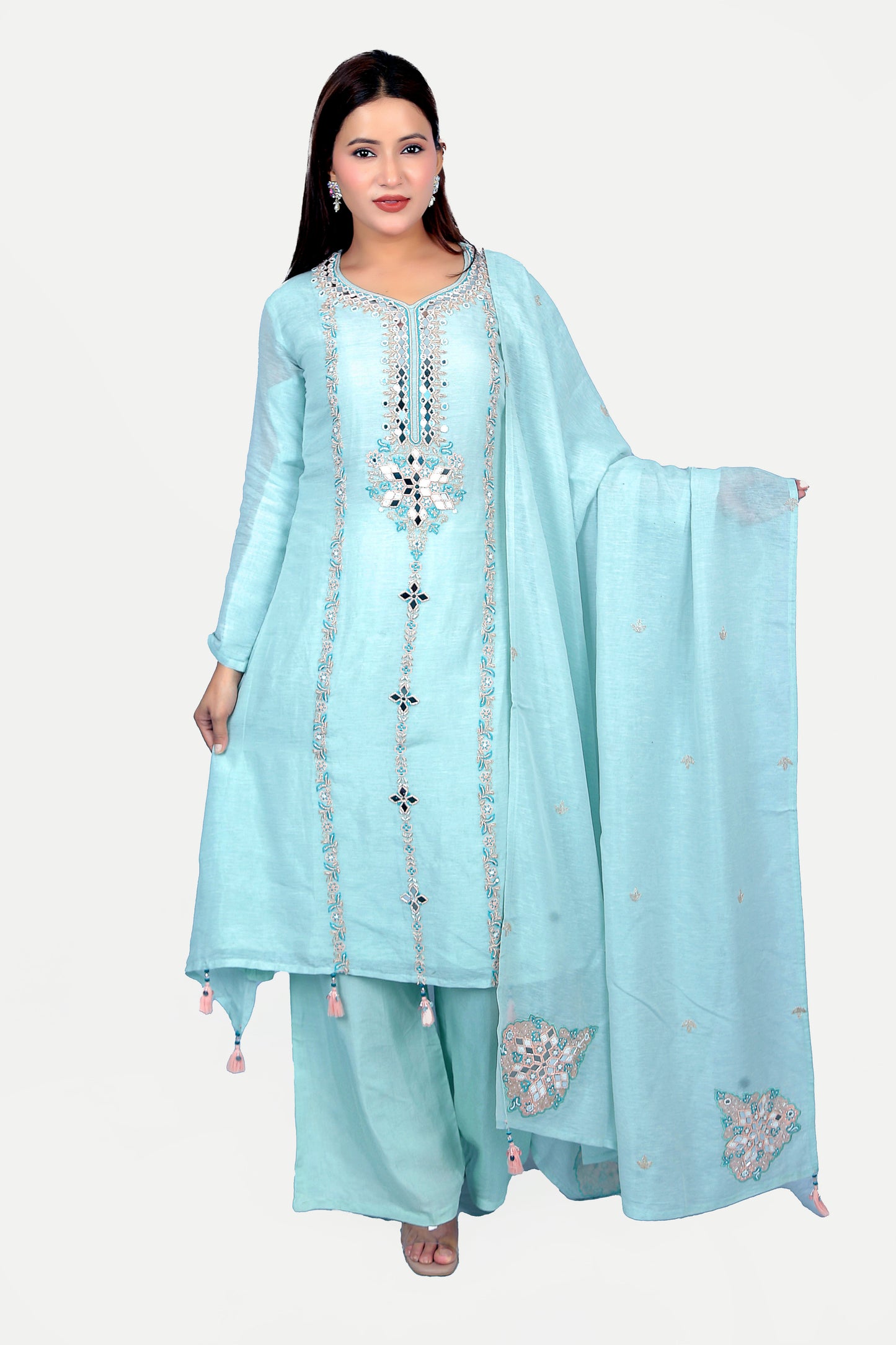 heavy pearl embroidered palazzo kurta set with dupatta