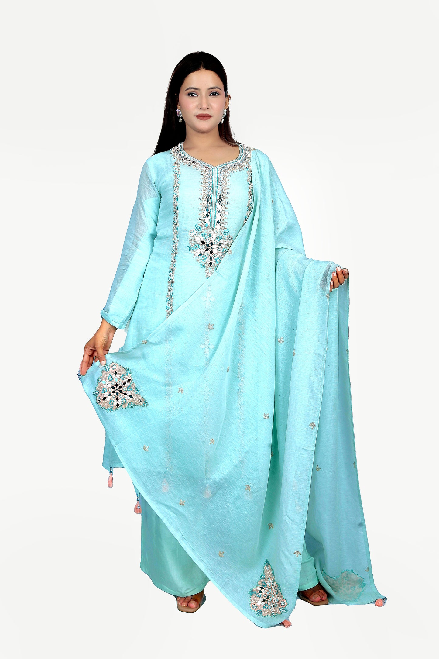 heavy pearl embroidered palazzo kurta set with dupatta