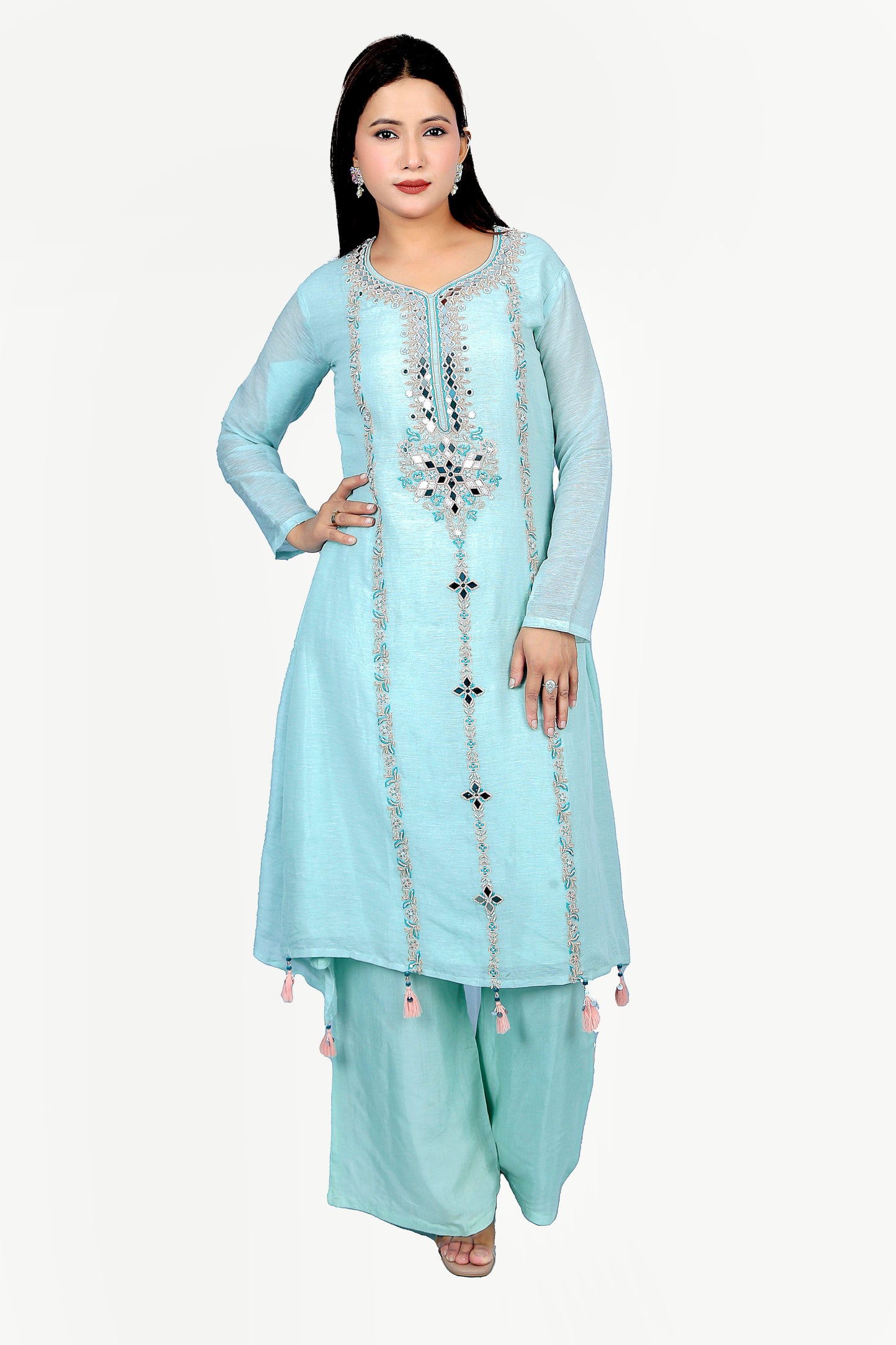 heavy pearl embroidered palazzo kurta set with dupatta