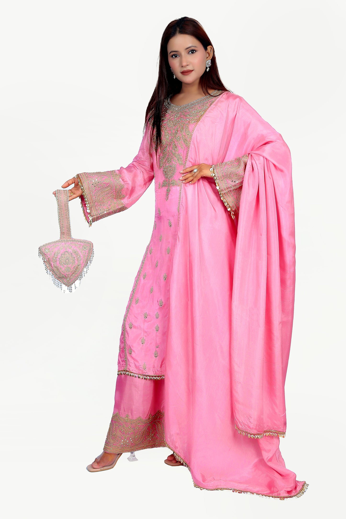 Embellished kurta set with matching potli bag for all wedding occasions.