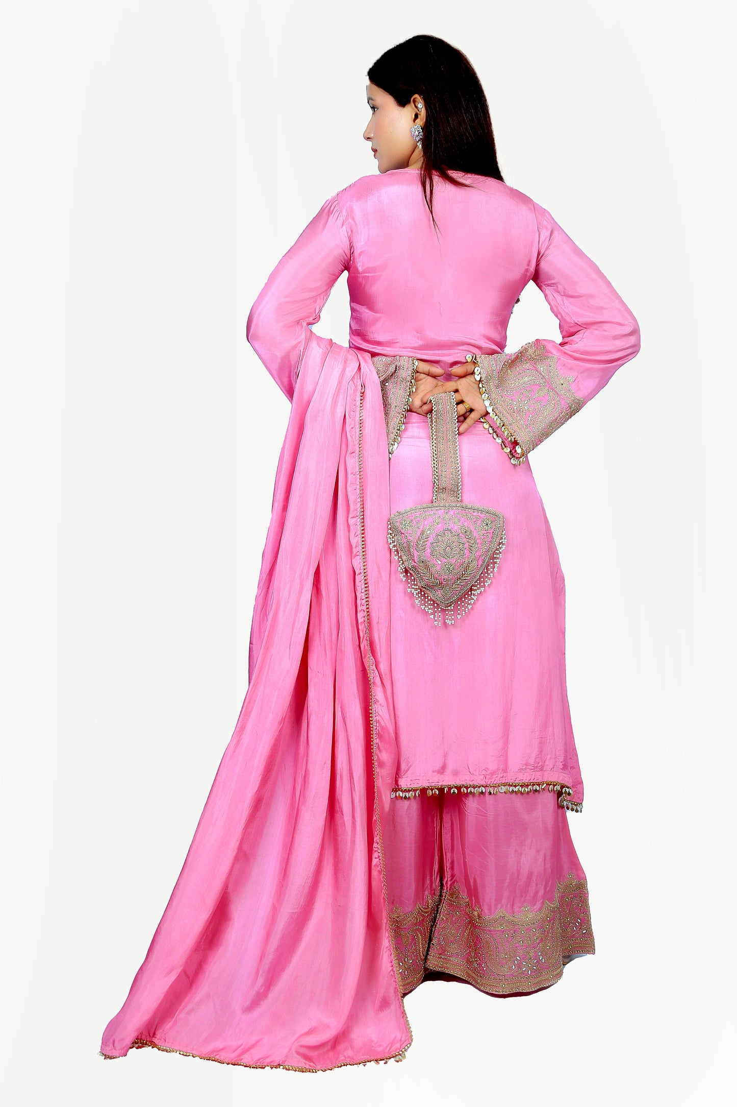 Embellished kurta set with matching potli bag for all wedding occasions.