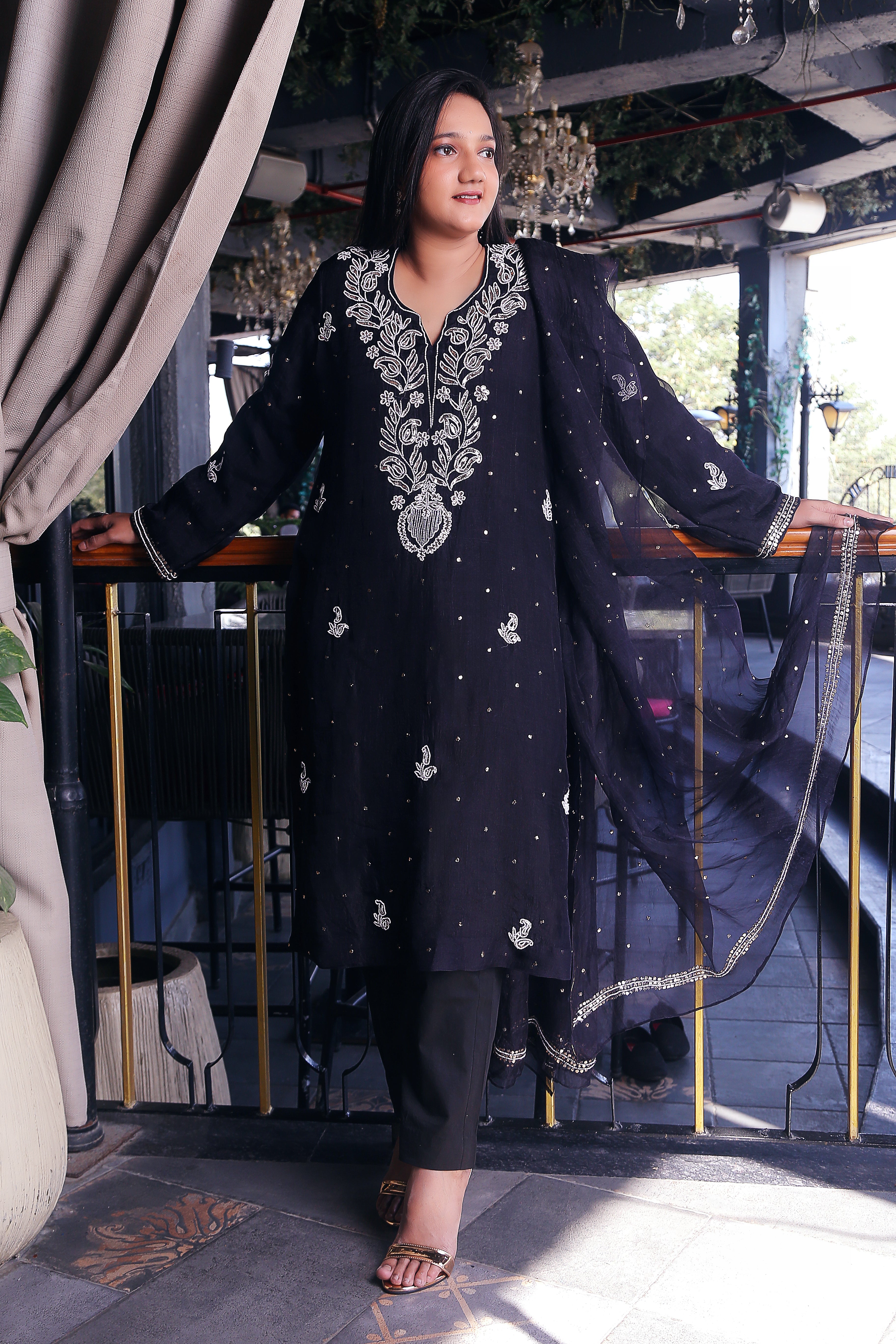 Moti work black kurta set