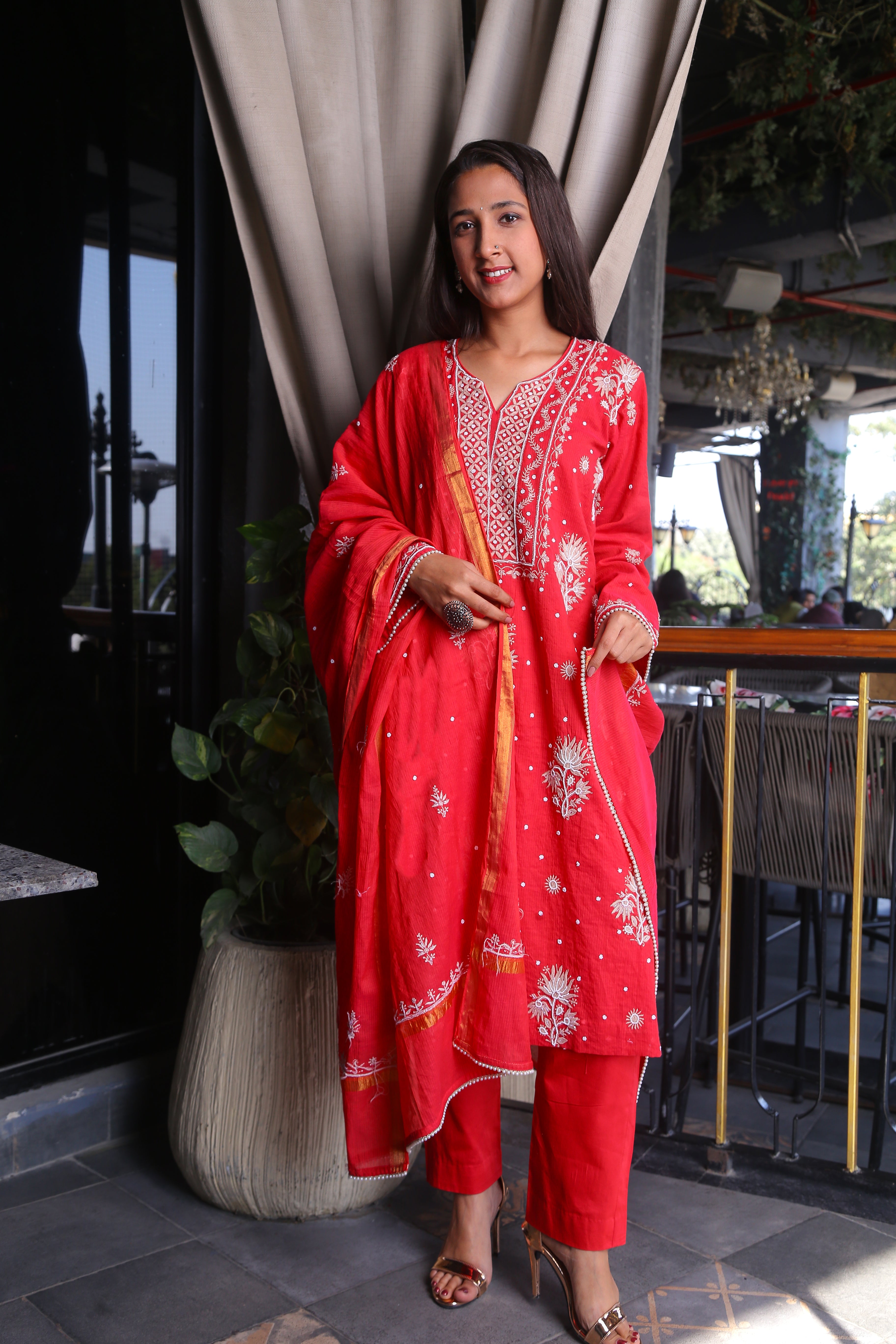 Red kurta set with moti work lace dupatta 