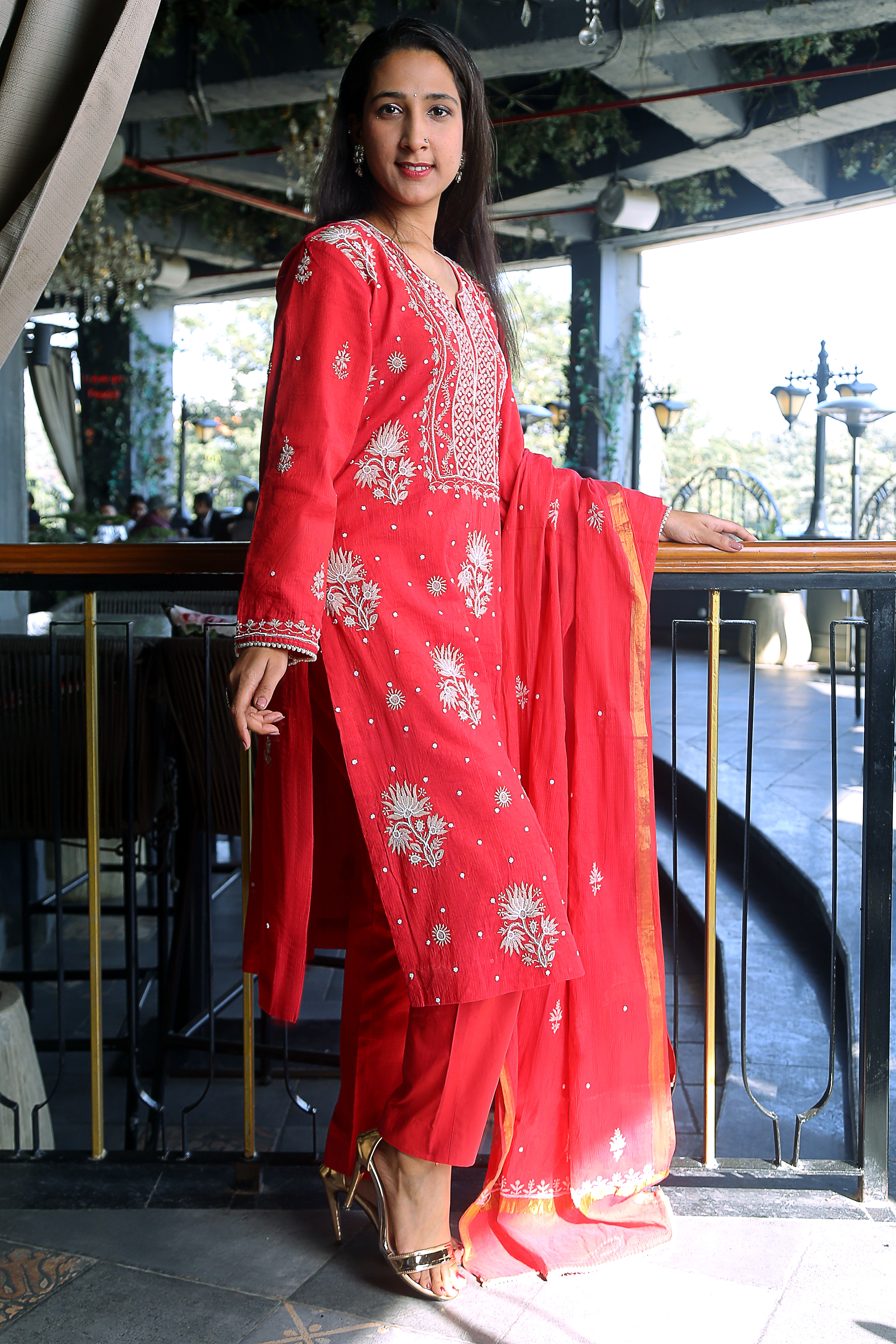 Chikankari embroidered red kurta set with pant and dupatta 