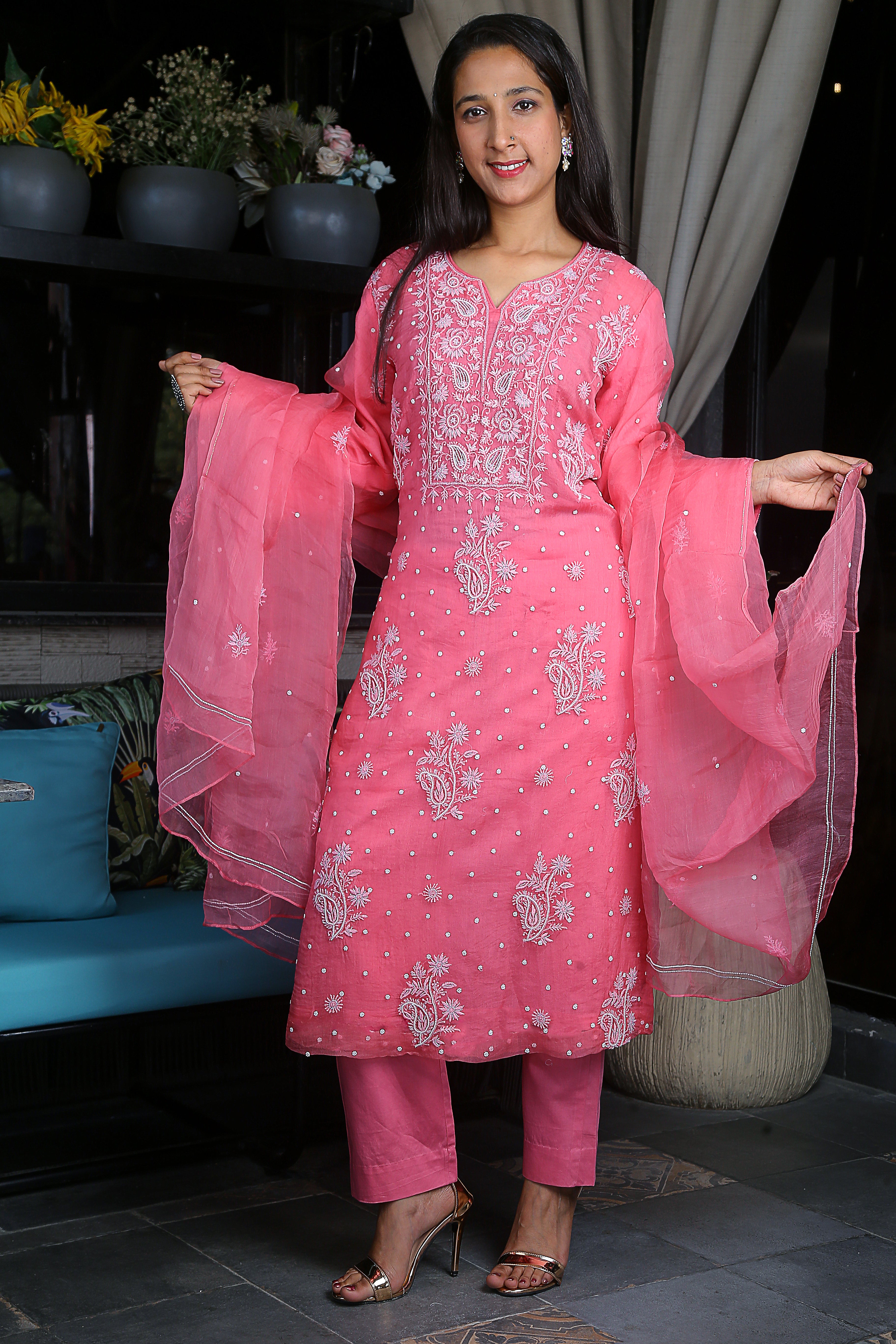 Pink organza chikankari kurta set paired with pant and dupatta 