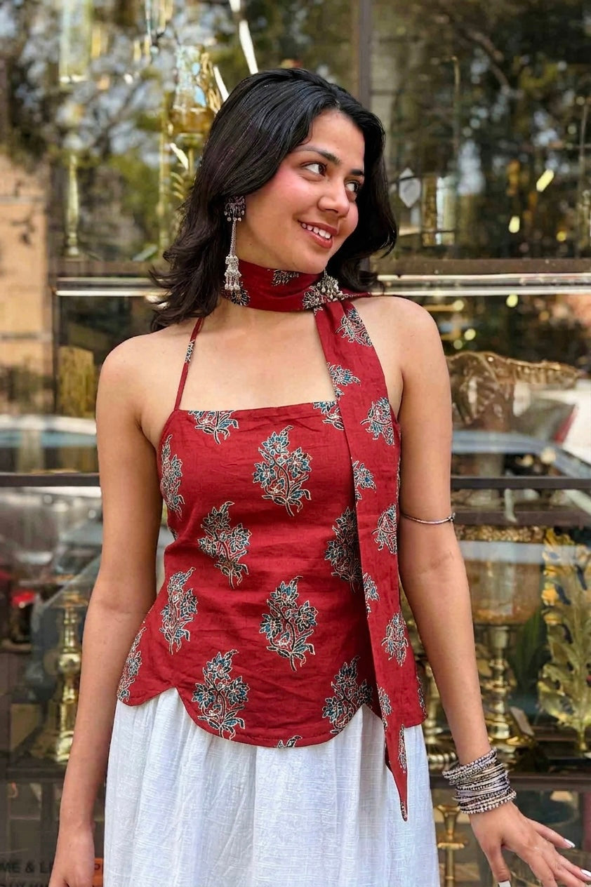 Munni Red Cotton Top with Scarf