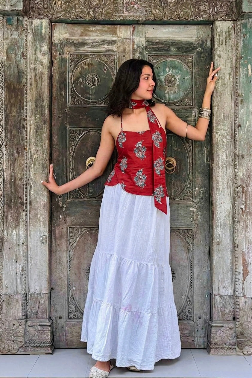 Munni Red Cotton Top with Scarf