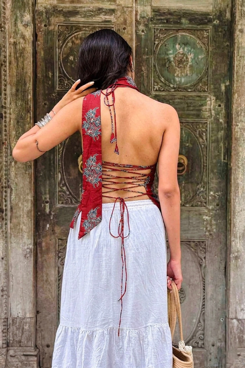 Munni Red Cotton Top with Scarf