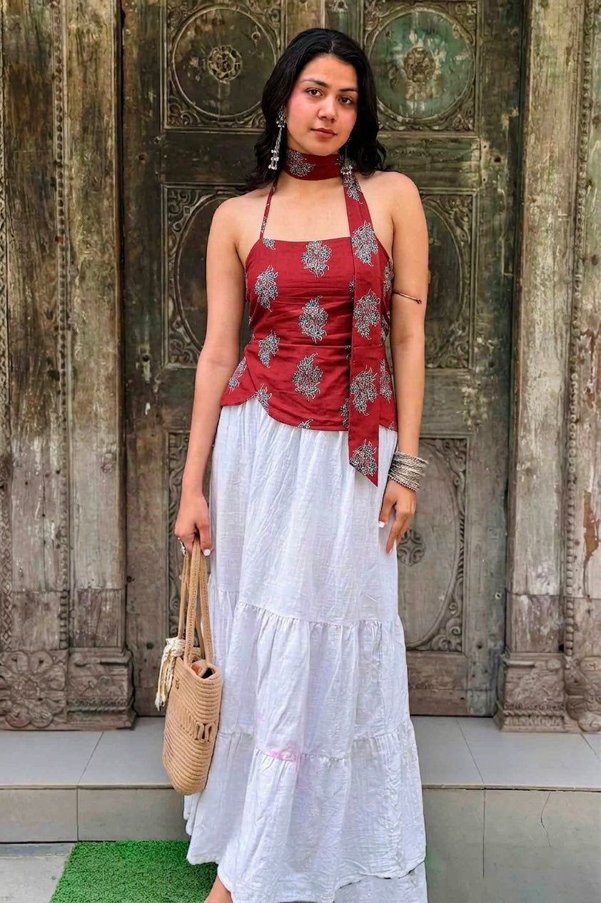 Munni Red Cotton Top with Scarf