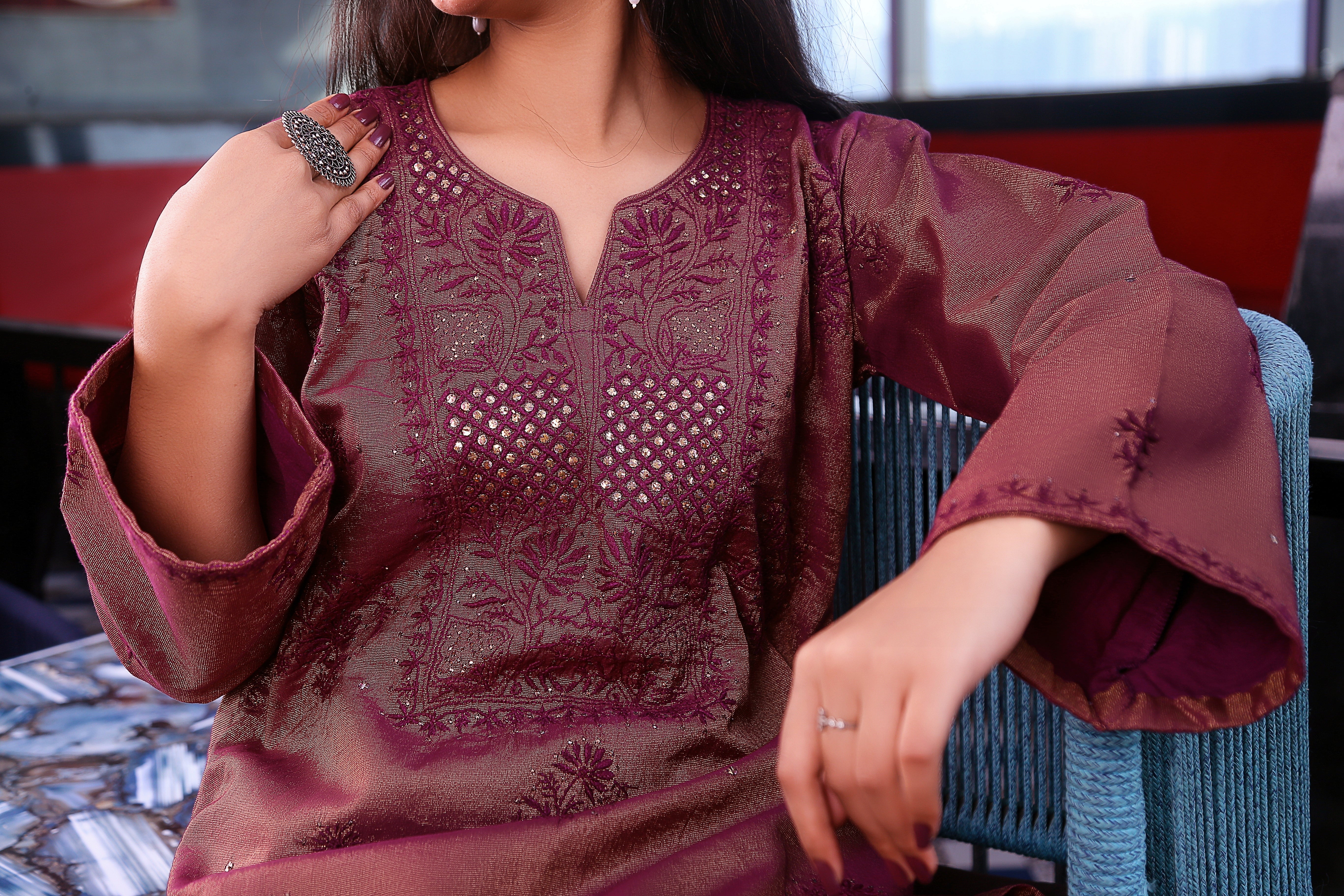 Chikankari hand-embroidered with mukaish work