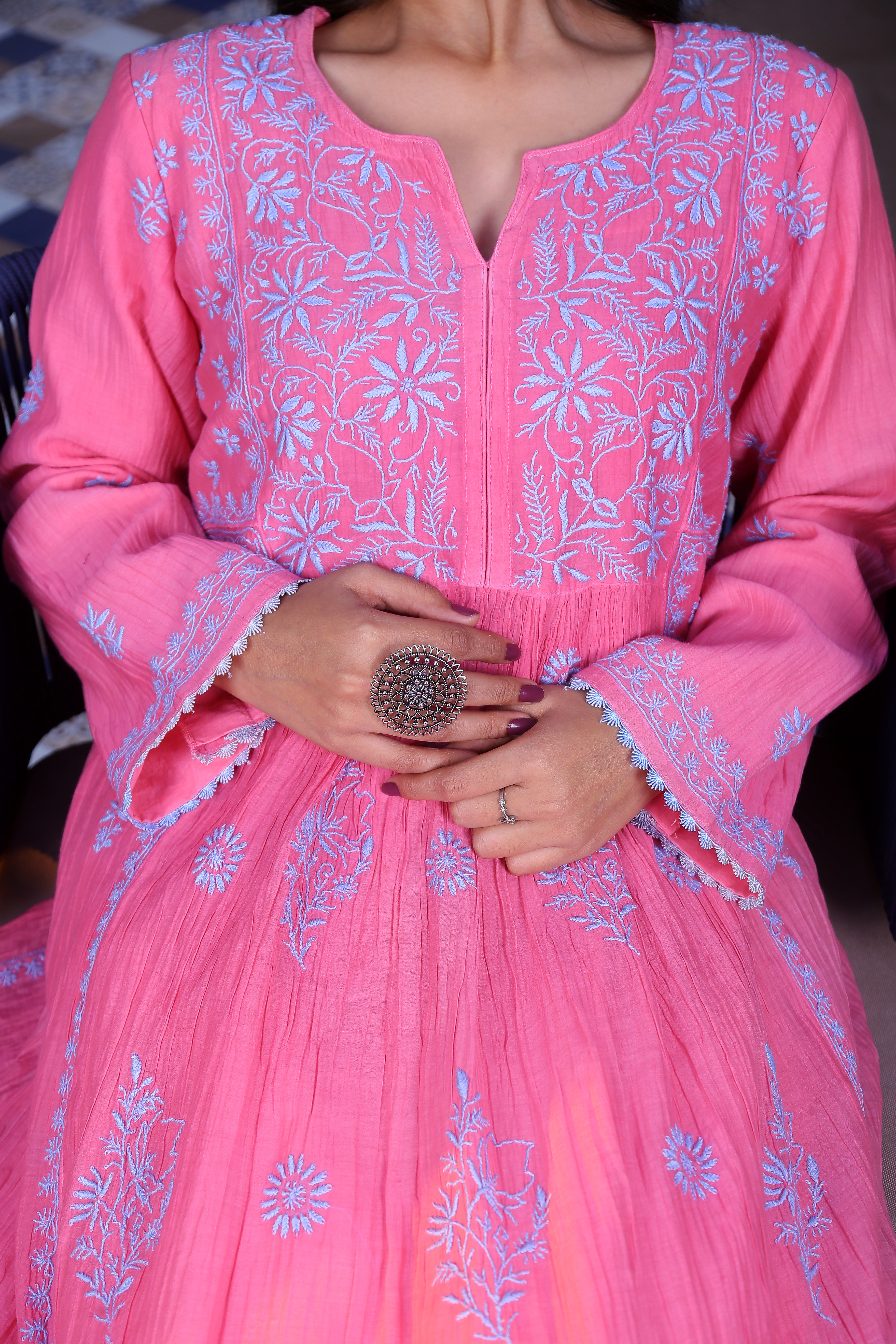 Pink mulchanderi chikankari frock suit