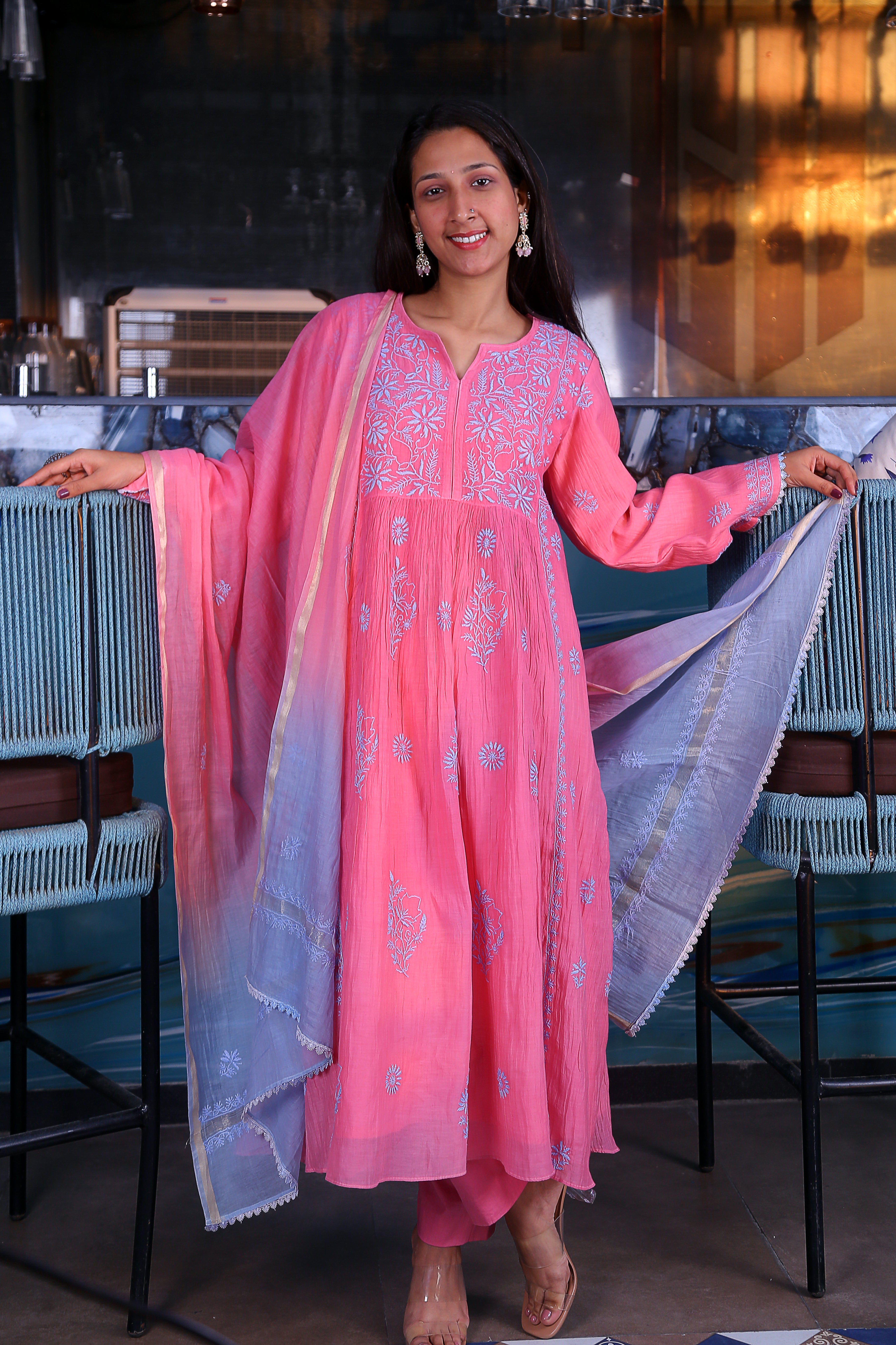 Chikankari handwork paired with ombre shaded dupatta.  