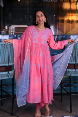 Image of Chikankari handwork paired with ombre shaded dupatta.  