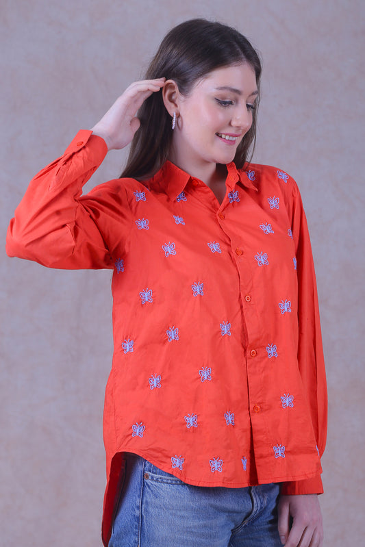 The Shirt is designed with elegant chikankari with butterfly motifs all over.
