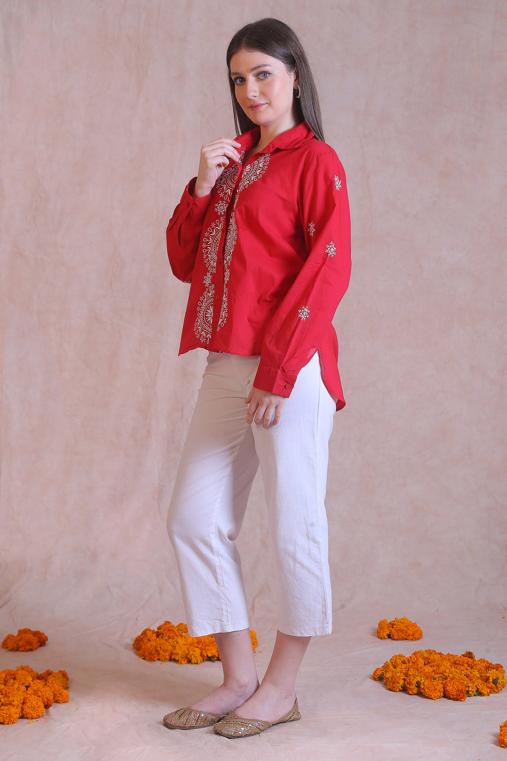 Blooming Chikankari Shirt - Red