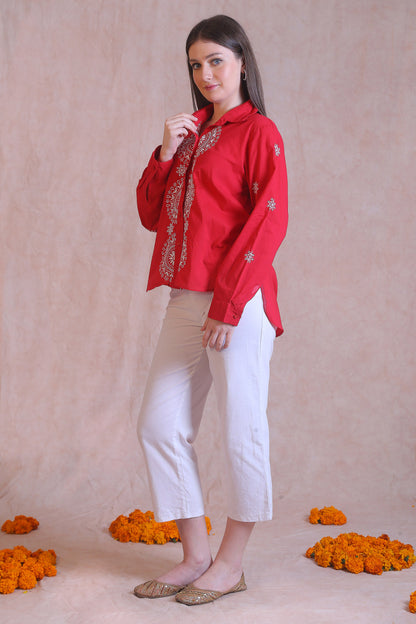 Blooming Chikankari Shirt - Red