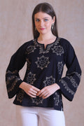 The poplin cotton short Kurta with Black chikankari embroidery 