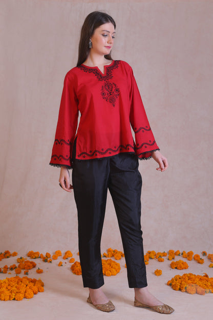 Red Chikankari Short Kurta