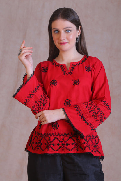 Red and Black Chikankari Short Kurta