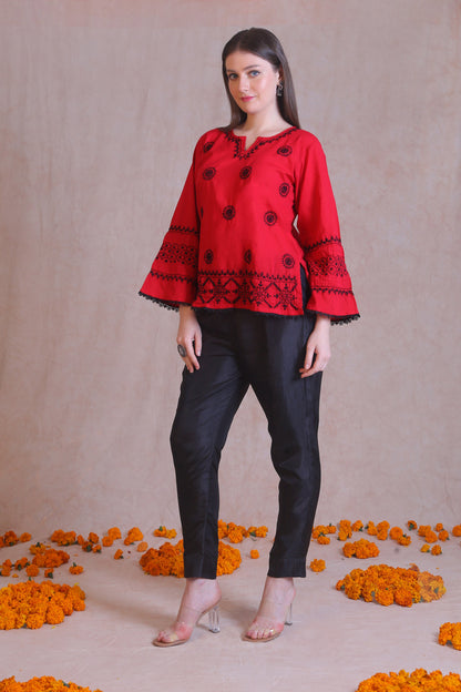 Red and Black Chikankari Short Kurta