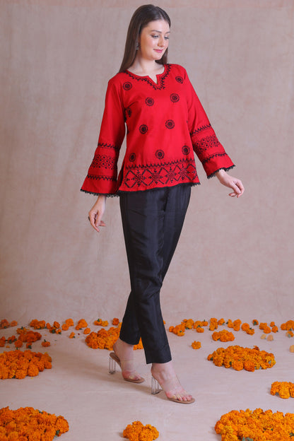 Red and Black Chikankari Short Kurta
