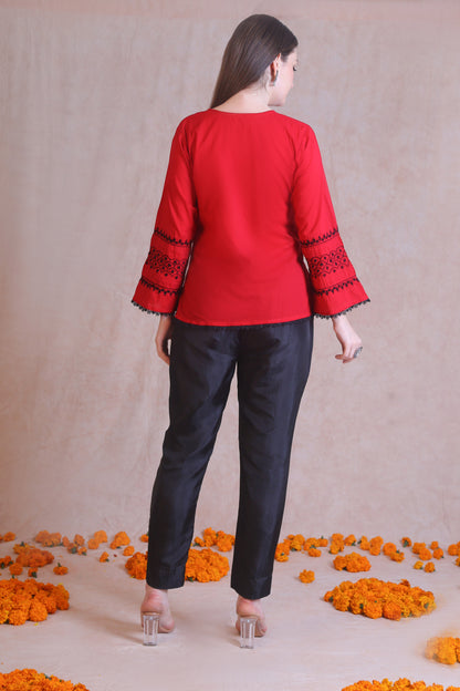 Red and Black Chikankari Short Kurta