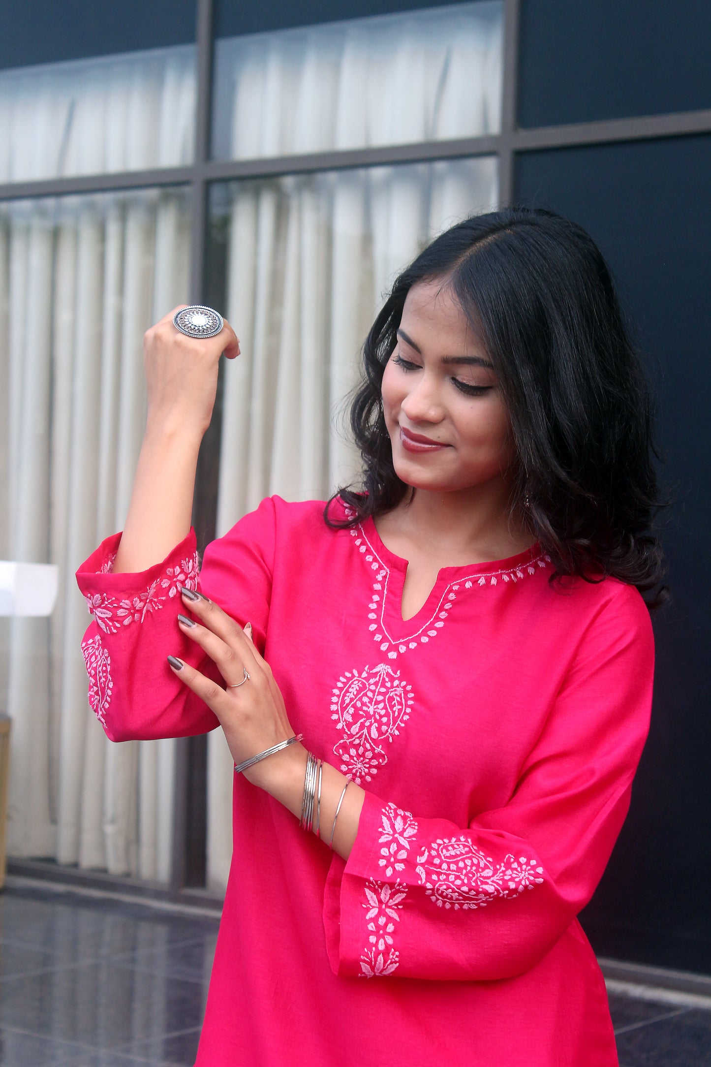 Hot Pink Chikankari Kurta Set with  Pink Embroidery - Notch Neck