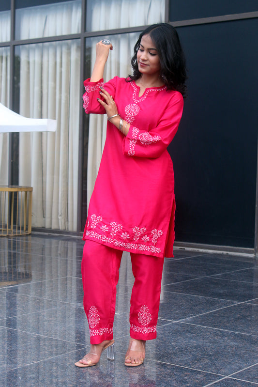 Hot Pink Chikankari Kurta Set with  Pink Embroidery - Notch Neck