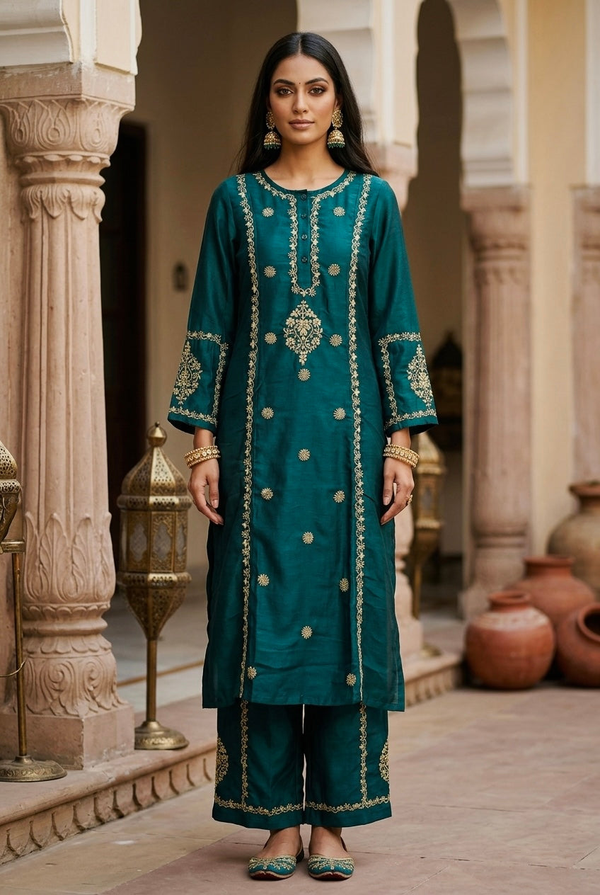 Cienna Chikankari Kurta Set- Green