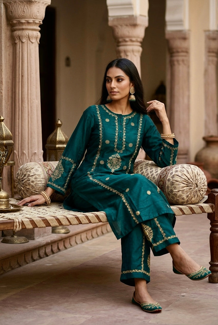 Cienna Chikankari Kurta Set- Green