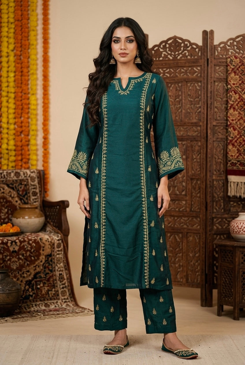 Rubika Chikankari Kurta Set- Green