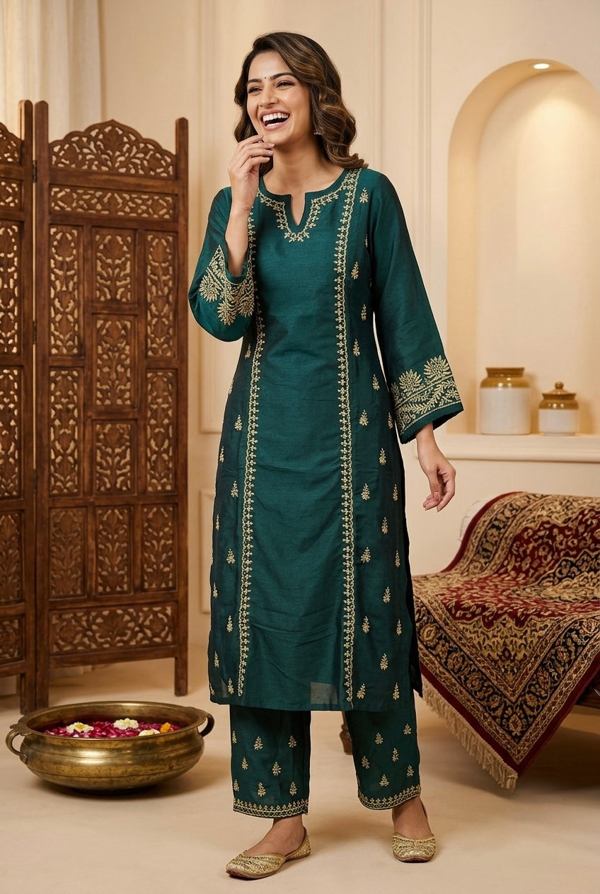 Rubika Chikankari Kurta Set- Green