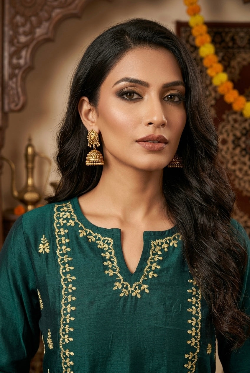 Rubika Chikankari Kurta Set- Green