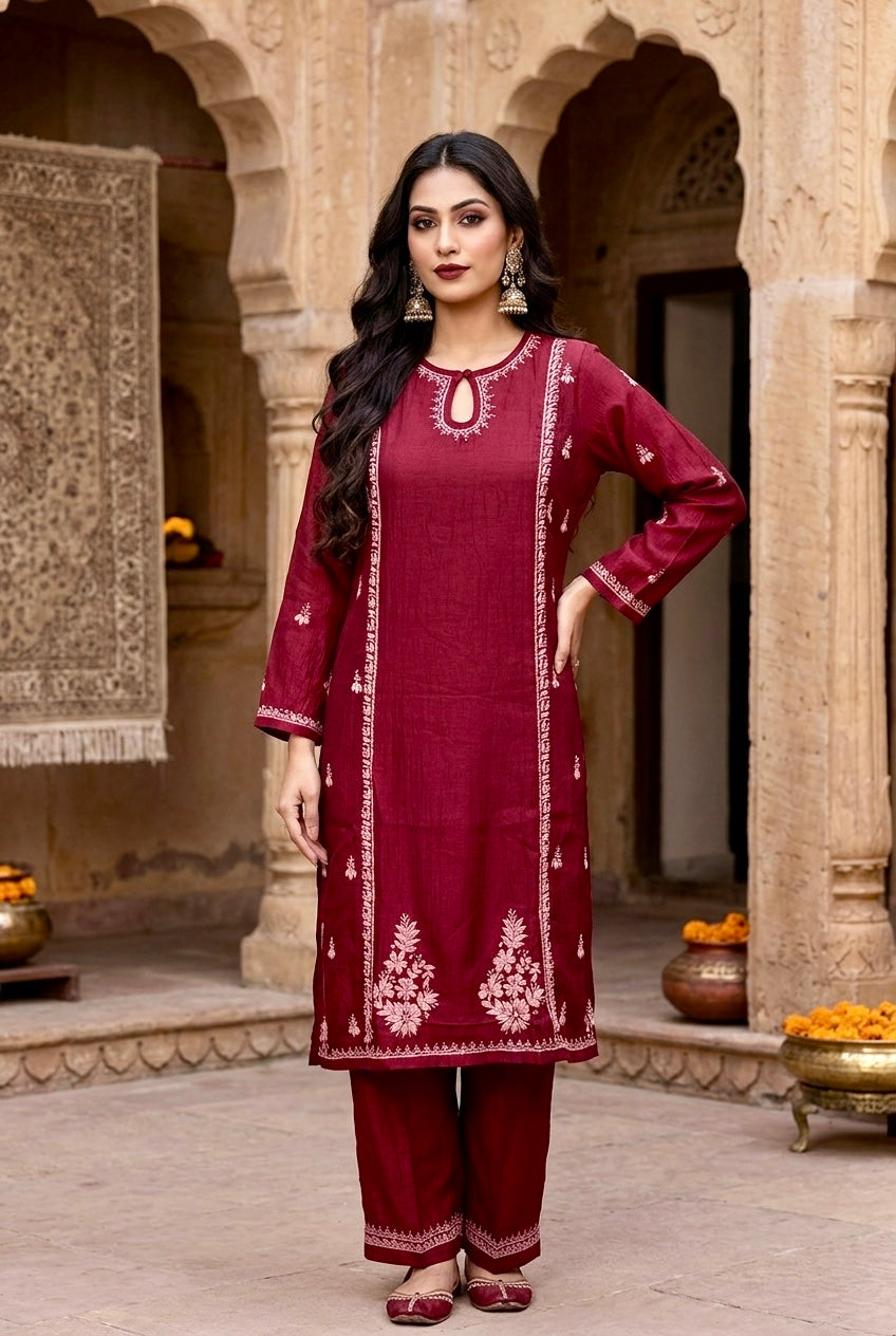 Shaina Chikankari Kurta Set - Wine
