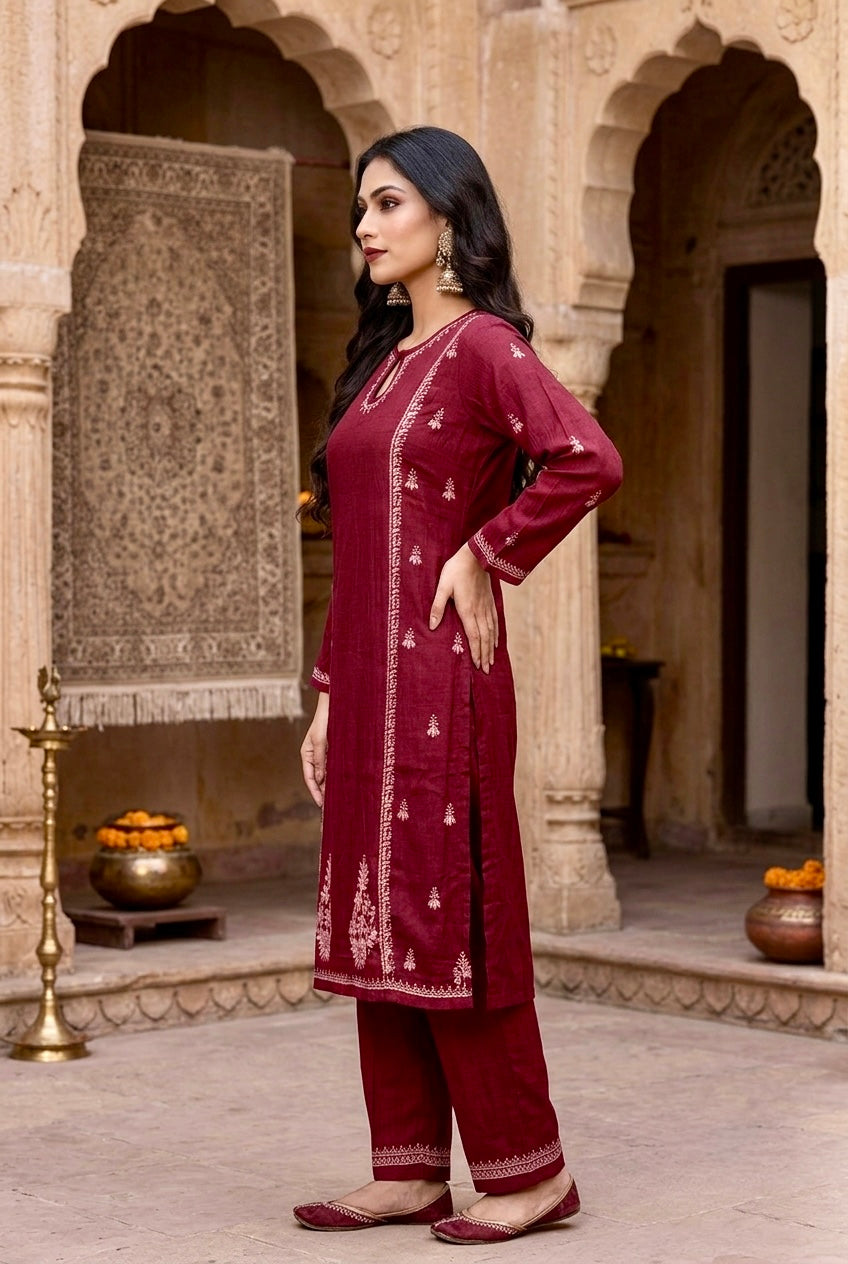 Shaina Chikankari Kurta Set - Wine