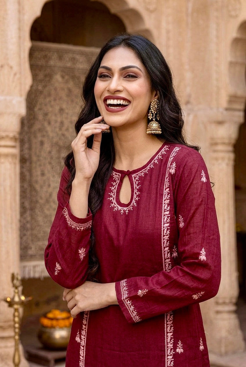 Shaina Chikankari Kurta Set - Wine